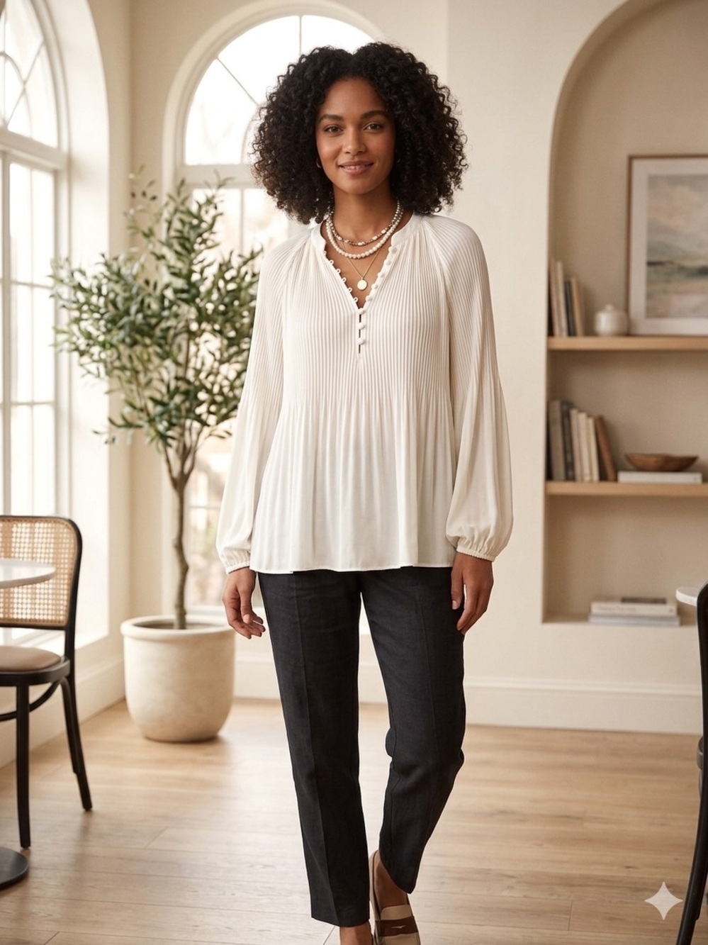 Lauren Ralph Lauren Pleated V-Neck Blouse - Cream, Size L